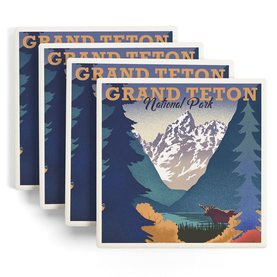 Grand Teton National Park, Wyoming, Lithograph, Lantern Press Artwork, Coaster Set - Lantern Press