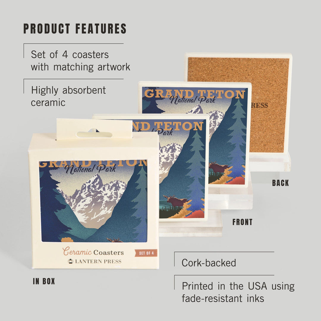 Grand Teton National Park, Wyoming, Lithograph, Lantern Press Artwork, Coaster Set - Lantern Press