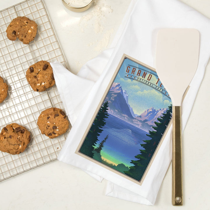 Grand Teton National Park, Wyoming, Lithograph National Park Series, Organic Cotton Kitchen Tea Towels Kitchen Lantern Press 