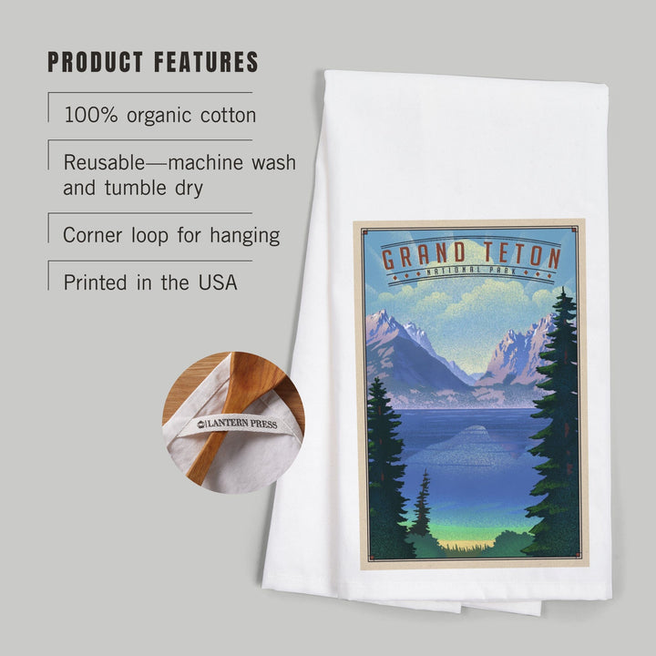 Grand Teton National Park, Wyoming, Lithograph National Park Series, Organic Cotton Kitchen Tea Towels Kitchen Lantern Press 