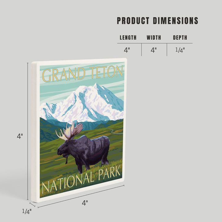 Grand Teton National Park, Wyoming, Moose and Mountain, Coasters Coasters Lantern Press 