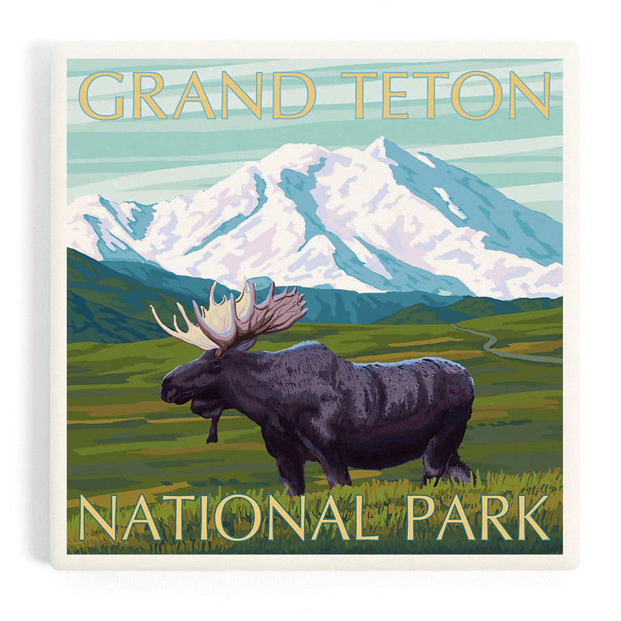 Grand Teton National Park, Wyoming, Moose and Mountain, Coasters Coasters Lantern Press 