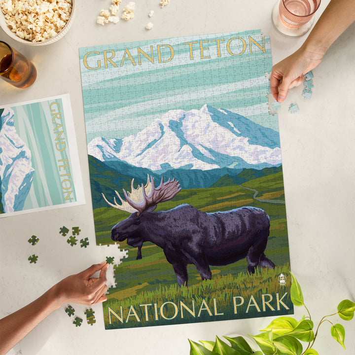 Grand Teton National Park, Wyoming, Moose and Mountain, Jigsaw Puzzle Puzzle Lantern Press 