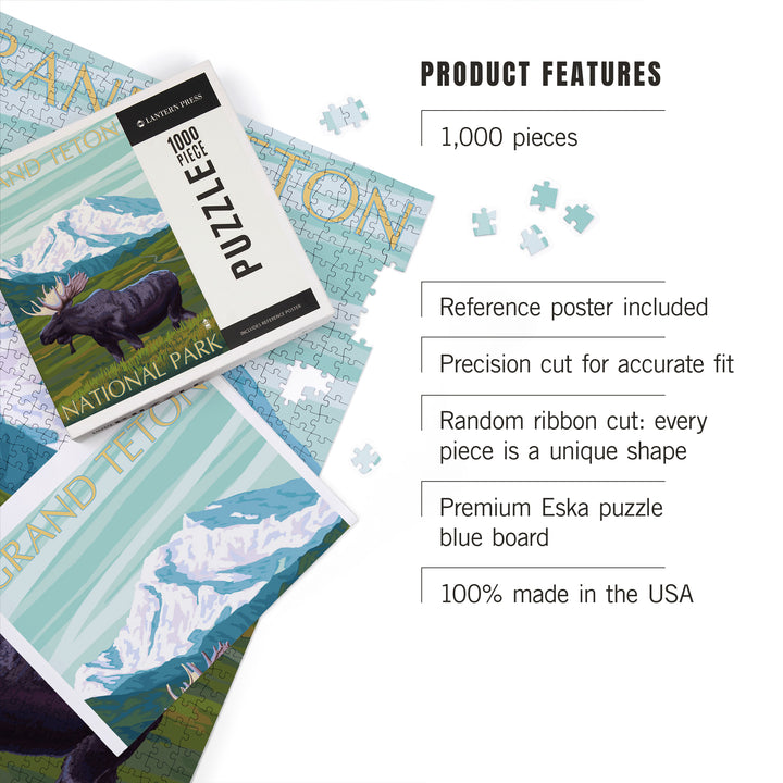 Grand Teton National Park, Wyoming, Moose and Mountain, Jigsaw Puzzle Puzzle Lantern Press 