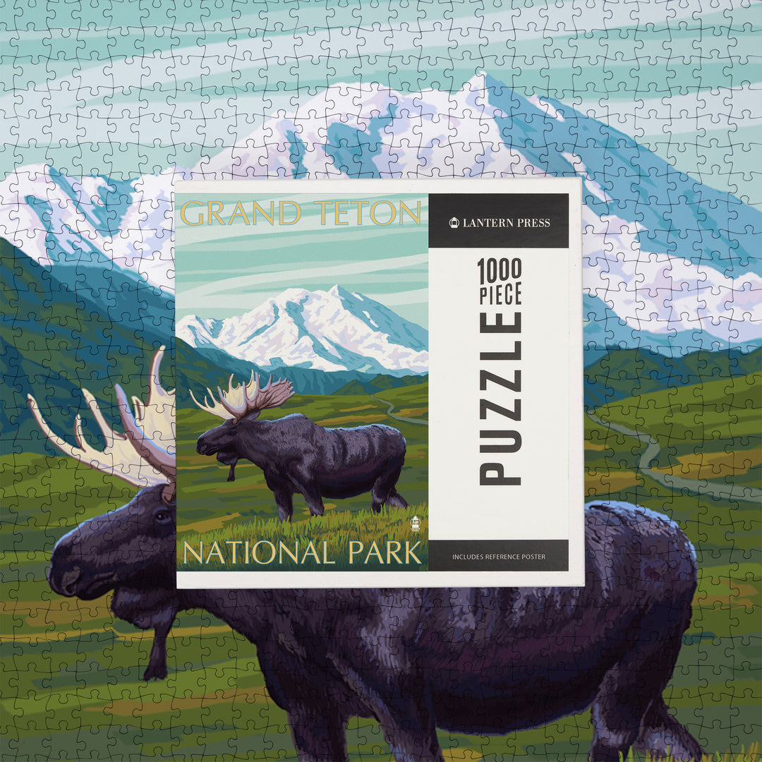 Grand Teton National Park, Wyoming, Moose and Mountain, Jigsaw Puzzle Puzzle Lantern Press 