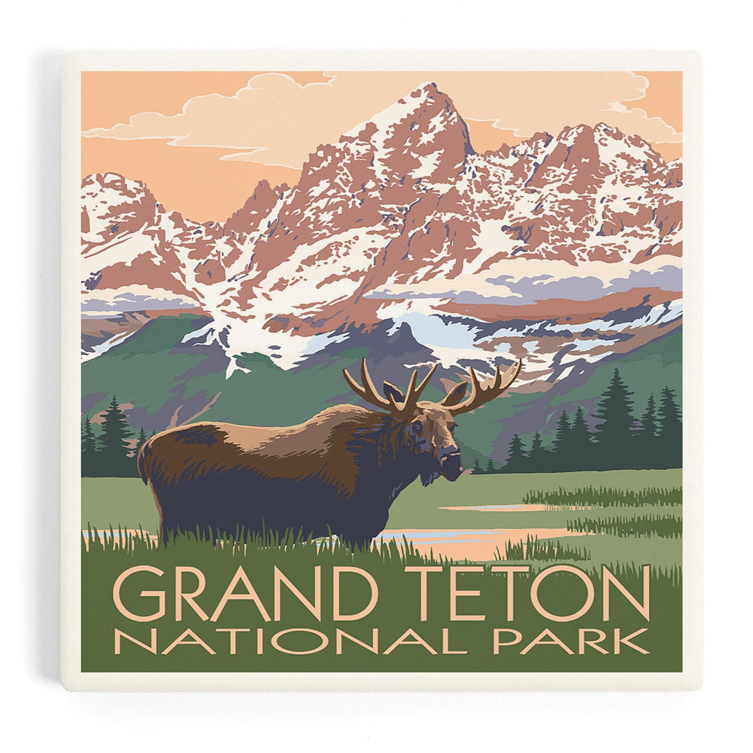 Grand Teton National Park, Wyoming, Moose and Mountains, Coasters Coasters Lantern Press 