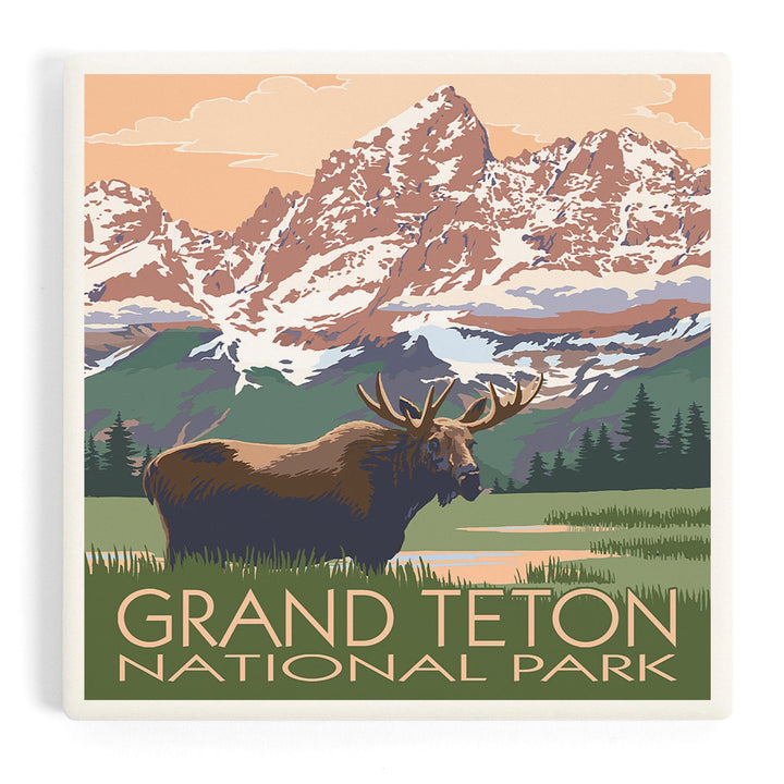 Grand Teton National Park, Wyoming, Moose and Mountains, Coasters Coasters Lantern Press 