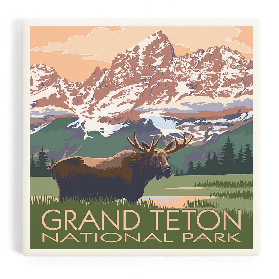 Grand Teton National Park, Wyoming, Moose and Mountains, Coasters Coasters Lantern Press 