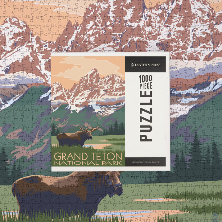 Grand Teton National Park, Wyoming, Moose and Mountains, Jigsaw Puzzle Puzzle Lantern Press 