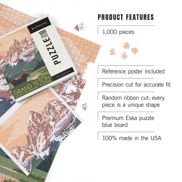 Grand Teton National Park, Wyoming, Moose and Mountains, Jigsaw Puzzle Puzzle Lantern Press 