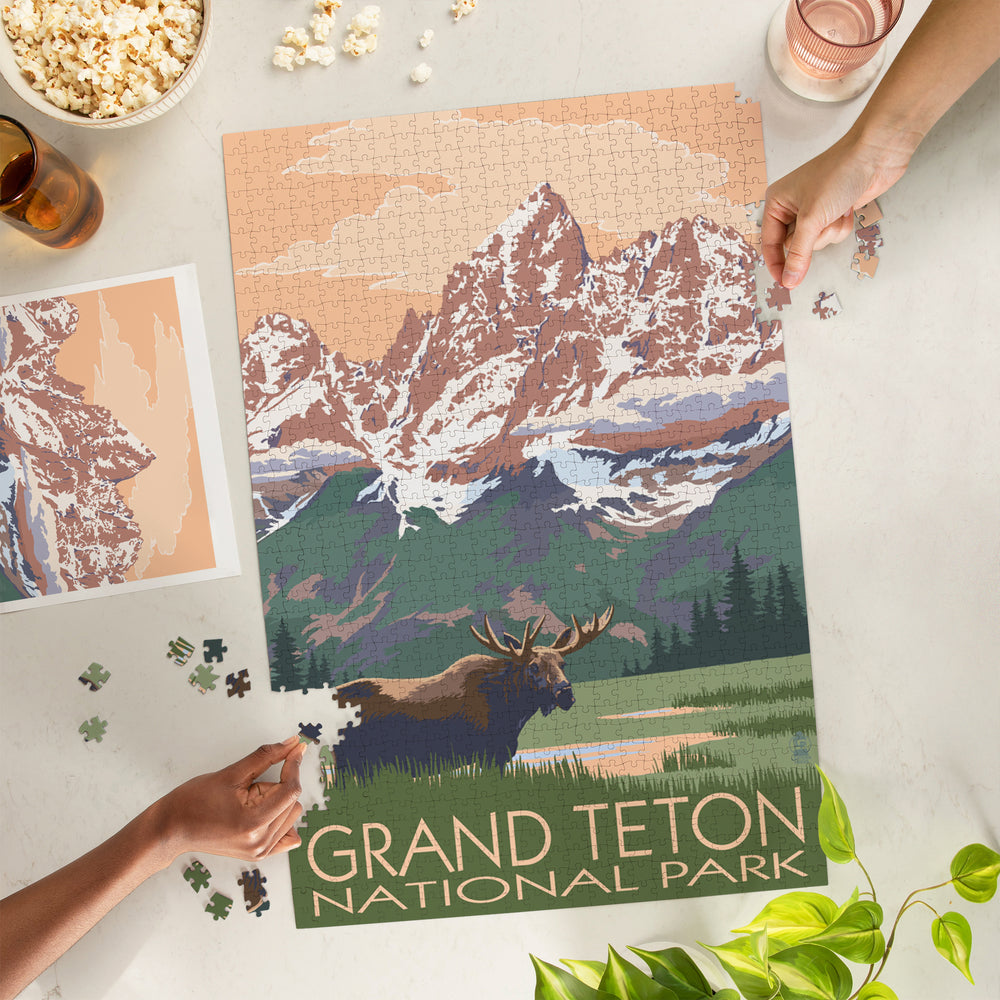 Grand Teton National Park, Wyoming, Moose and Mountains, Jigsaw Puzzle Puzzle Lantern Press 