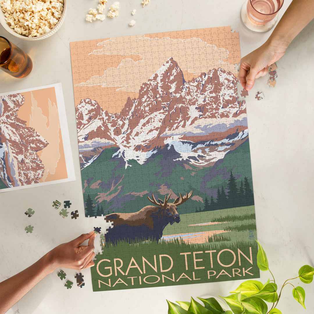 Grand Teton National Park, Wyoming, Moose and Mountains, Jigsaw Puzzle Puzzle Lantern Press 