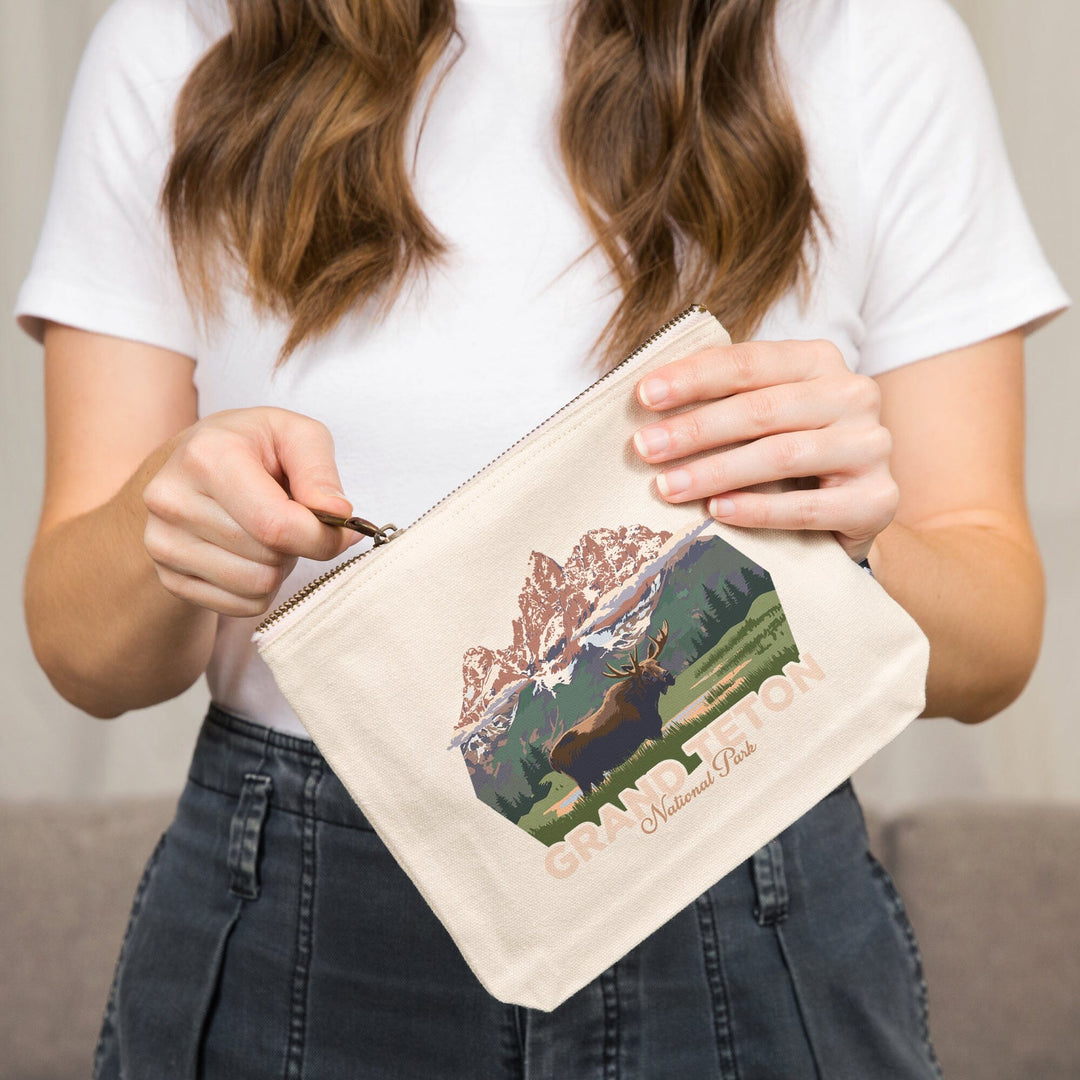 Grand Teton National Park, Wyoming, Moose and Mountains, Organic Cotton Zipper Pouch, Go Bag Go Bag Lantern Press 