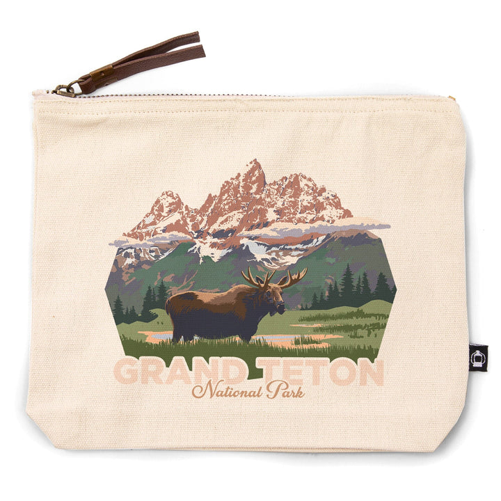 Grand Teton National Park, Wyoming, Moose and Mountains, Organic Cotton Zipper Pouch, Go Bag Go Bag Lantern Press 