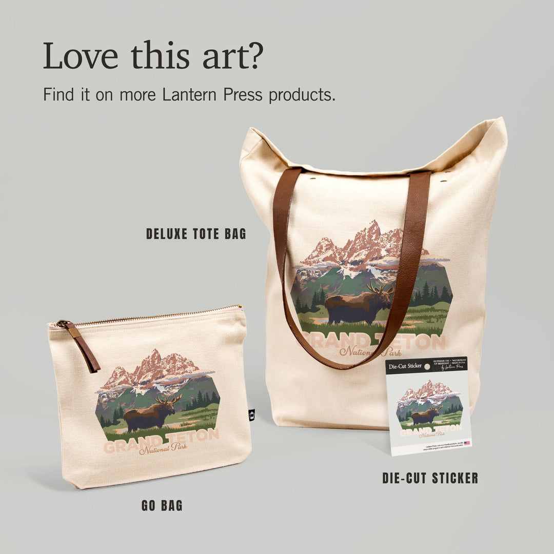 Grand Teton National Park, Wyoming, Moose and Mountains, Organic Cotton Zipper Pouch, Go Bag Go Bag Lantern Press 