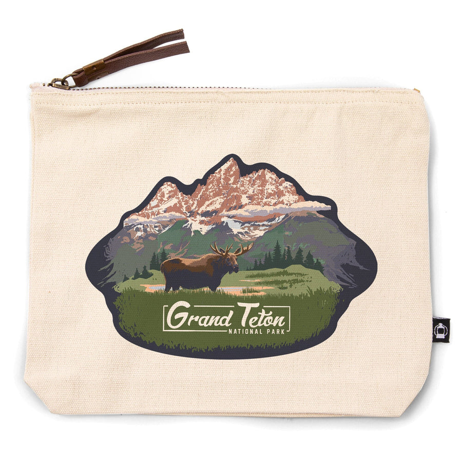 Grand Teton National Park, Wyoming, Moose and Mountains,, Organic Cotton Zipper Pouch, Go Bag Go Bag Lantern Press 