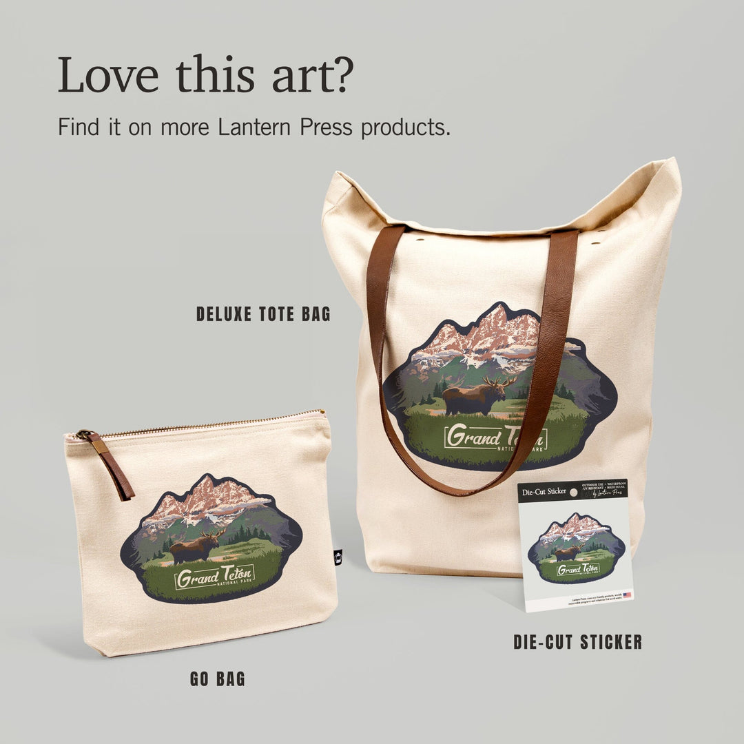 Grand Teton National Park, Wyoming, Moose and Mountains,, Organic Cotton Zipper Pouch, Go Bag Go Bag Lantern Press 