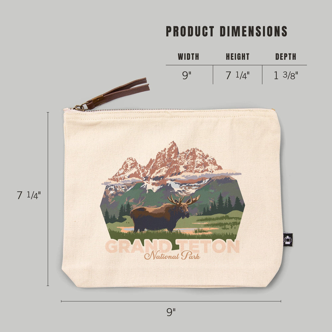 Grand Teton National Park, Wyoming, Moose and Mountains, Organic Cotton Zipper Pouch, Go Bag Go Bag Lantern Press 