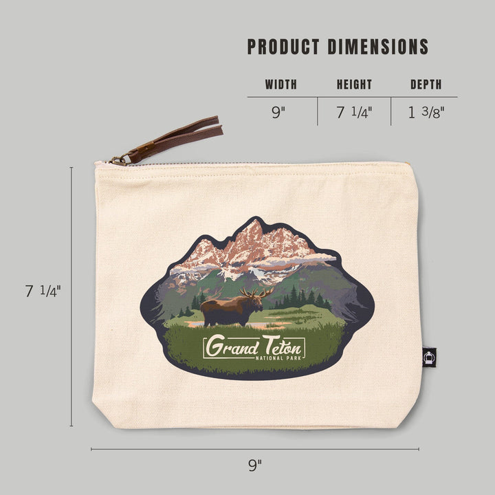 Grand Teton National Park, Wyoming, Moose and Mountains,, Organic Cotton Zipper Pouch, Go Bag Go Bag Lantern Press 