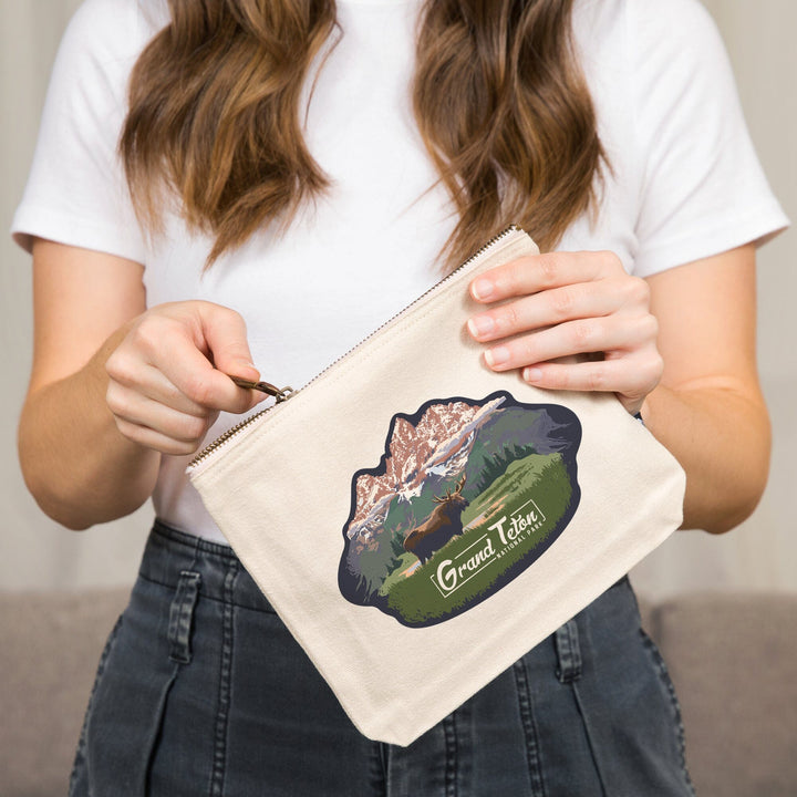 Grand Teton National Park, Wyoming, Moose and Mountains,, Organic Cotton Zipper Pouch, Go Bag Go Bag Lantern Press 