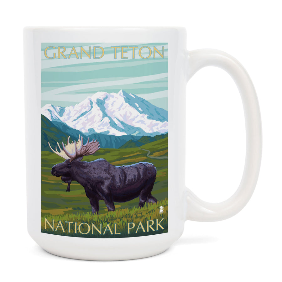 Grand Teton National Park, Wyoming, Moose & Mountain, Lantern Press Artwork, Ceramic Mug Mugs Lantern Press 