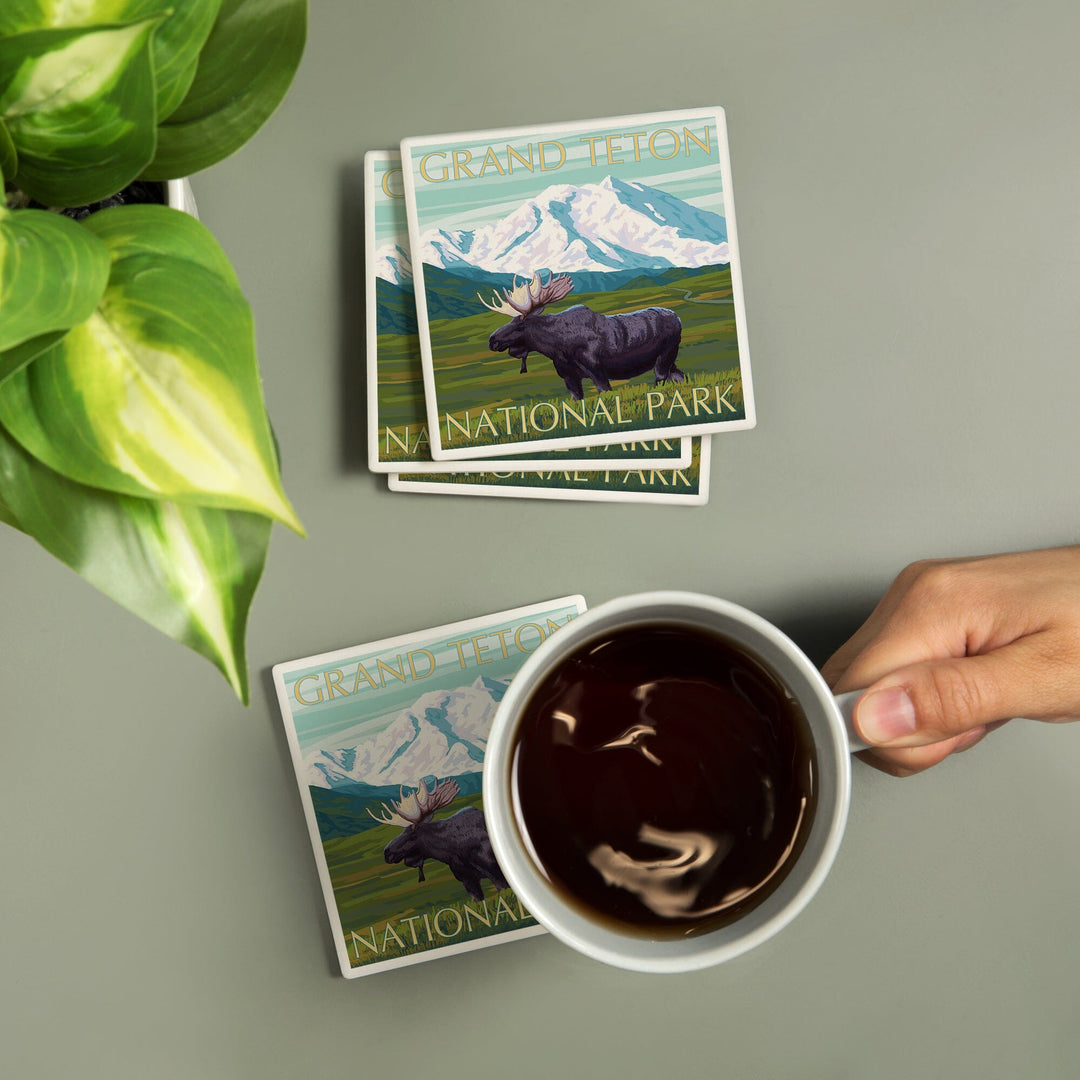 Grand Teton National Park, Wyoming, Moose & Mountain, Lantern Press Artwork, Coaster Set - Lantern Press