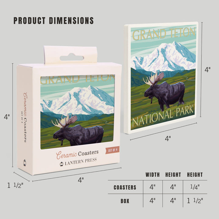 Grand Teton National Park, Wyoming, Moose & Mountain, Lantern Press Artwork, Coaster Set - Lantern Press