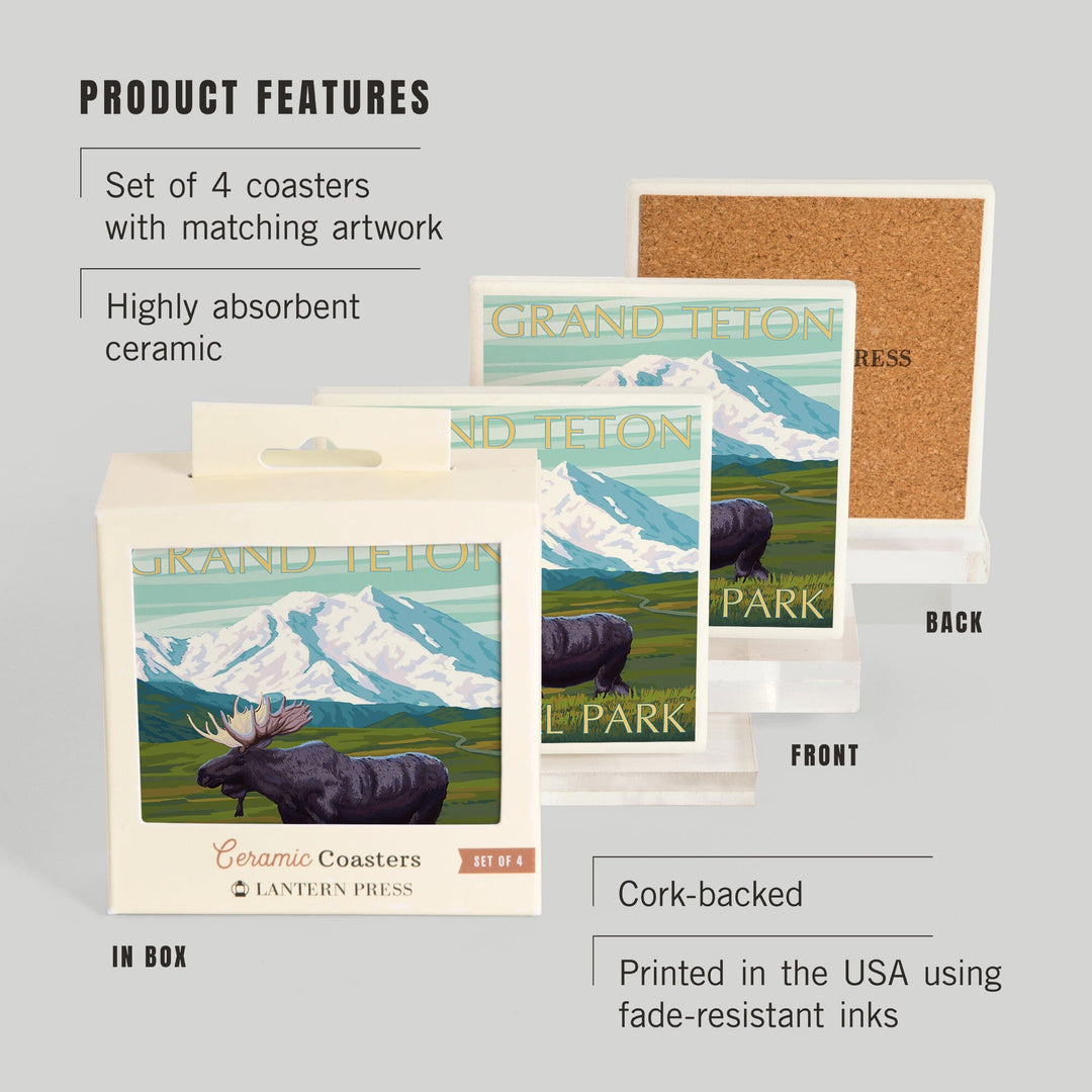 Grand Teton National Park, Wyoming, Moose & Mountain, Lantern Press Artwork, Coaster Set - Lantern Press