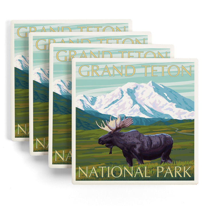 Grand Teton National Park, Wyoming, Moose & Mountain, Lantern Press Artwork, Coaster Set - Lantern Press