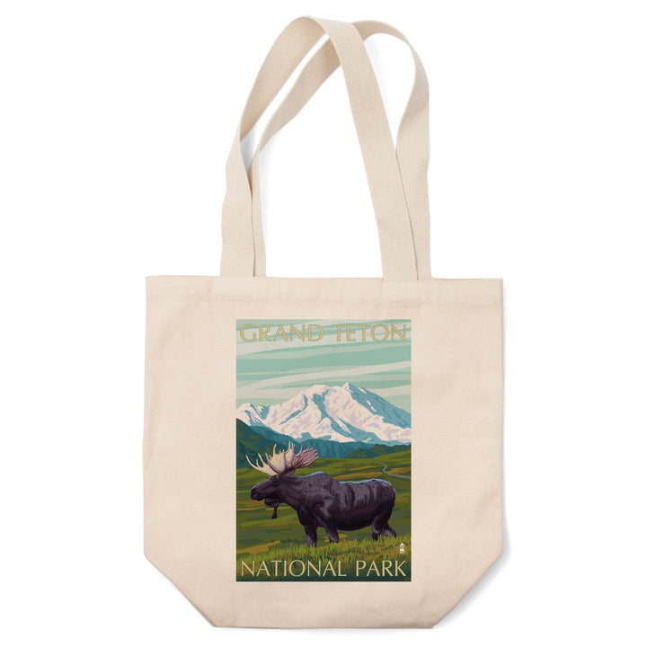 Grand Teton National Park, Wyoming, Moose & Mountain, Lantern Press Artwork, Tote Bag Totes Lantern Press 