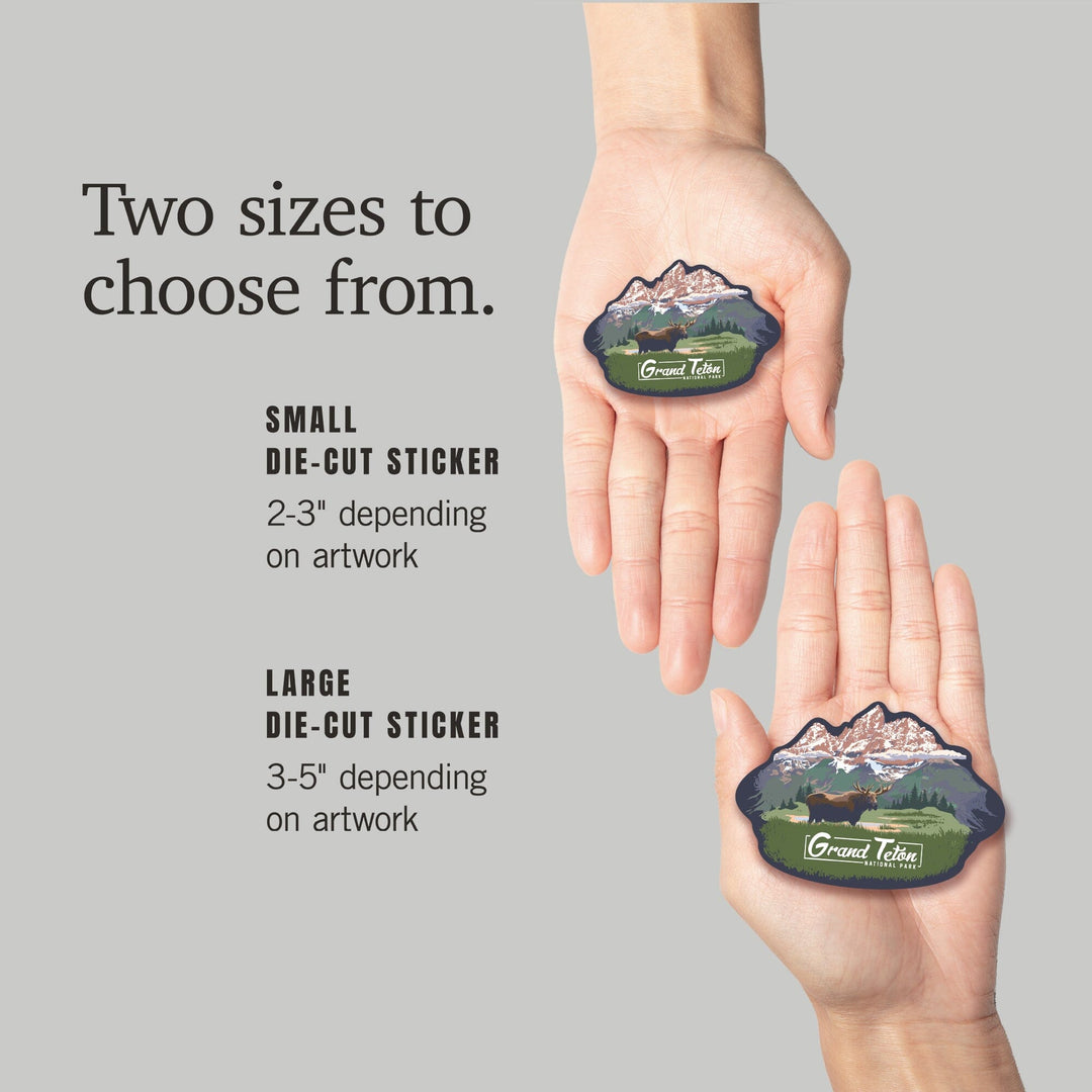 Grand Teton National Park, Wyoming, Moose & Mountains, Contour, Lantern Press Artwork, Vinyl Sticker Sticker Lantern Press 
