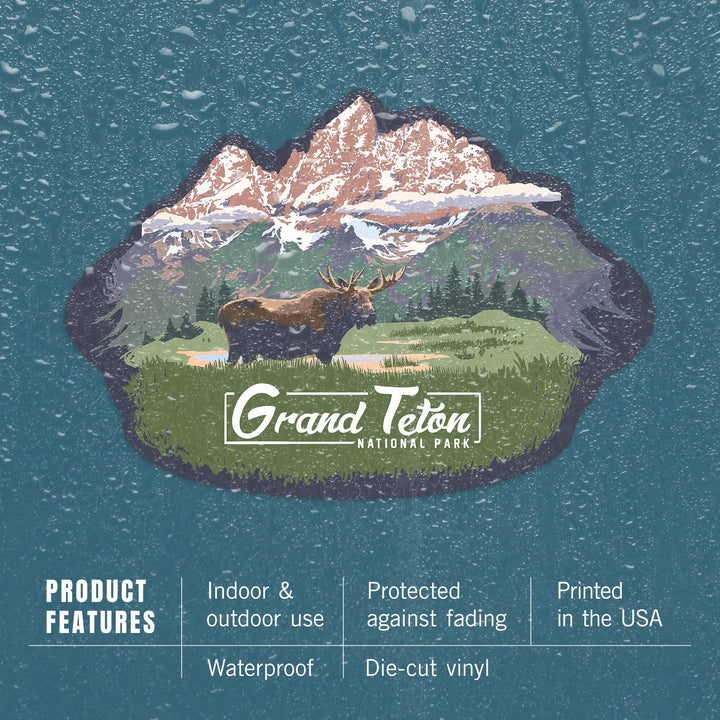 Grand Teton National Park, Wyoming, Moose & Mountains, Contour, Lantern Press Artwork, Vinyl Sticker Sticker Lantern Press 