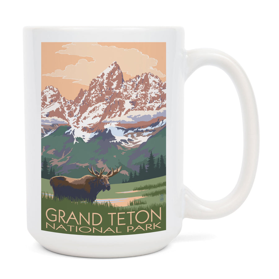 Grand Teton National Park, Wyoming, Moose & Mountains, Lantern Press Artwork, Ceramic Mug Mugs Lantern Press 
