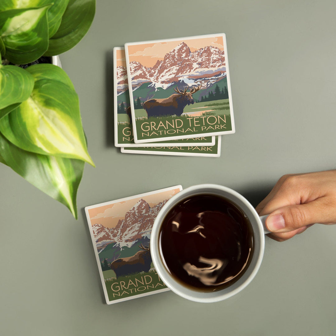 Grand Teton National Park, Wyoming, Moose & Mountains, Lantern Press Artwork, Coaster Set - Lantern Press