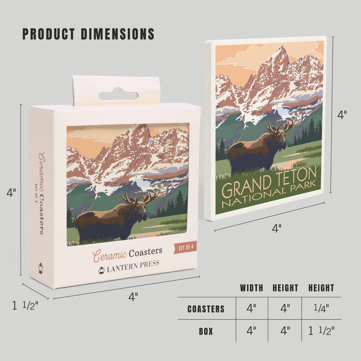 Grand Teton National Park, Wyoming, Moose & Mountains, Lantern Press Artwork, Coaster Set - Lantern Press