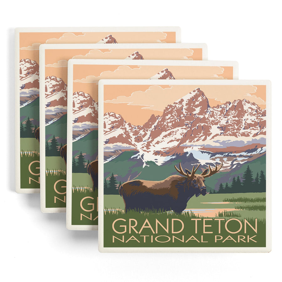 Grand Teton National Park, Wyoming, Moose & Mountains, Lantern Press Artwork, Coaster Set - Lantern Press