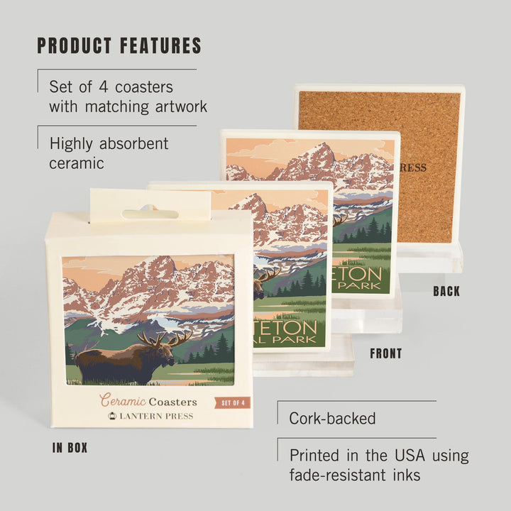 Grand Teton National Park, Wyoming, Moose & Mountains, Lantern Press Artwork, Coaster Set - Lantern Press