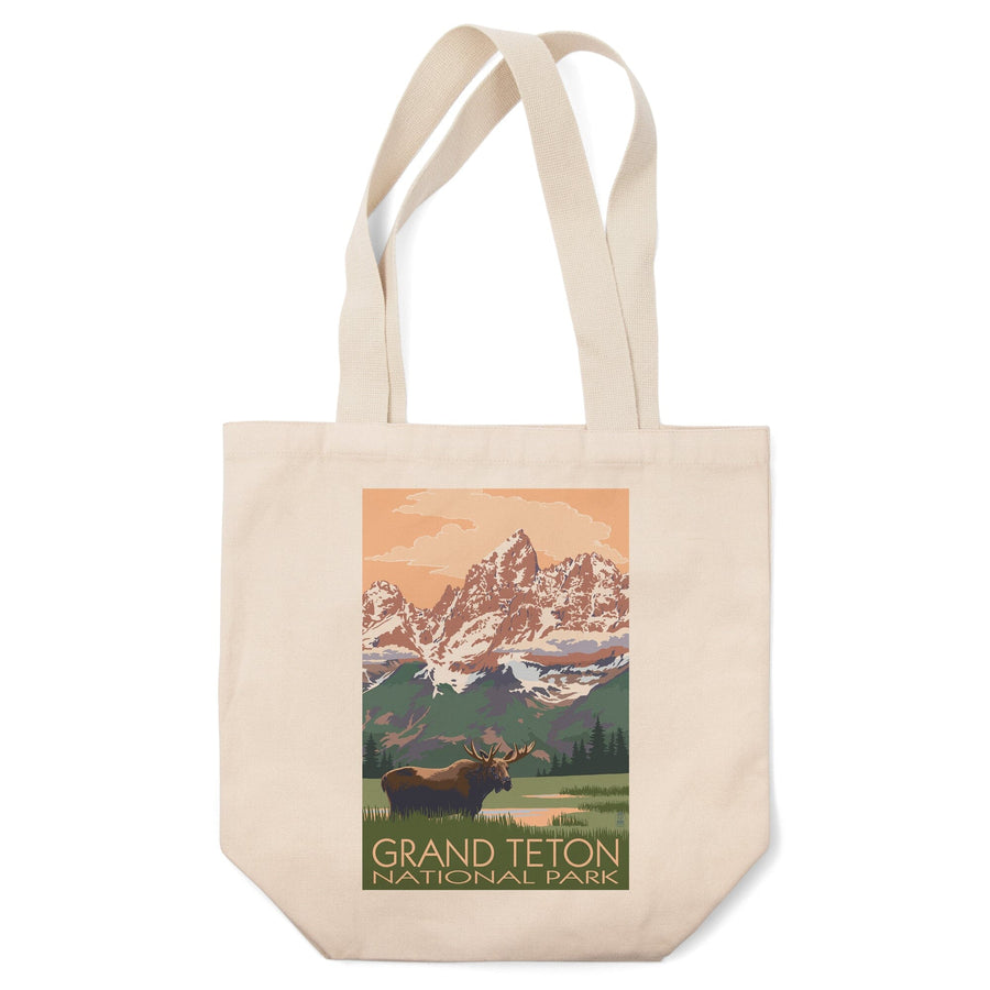 Grand Teton National Park, Wyoming, Moose & Mountains, Lantern Press Artwork, Tote Bag Totes Lantern Press 