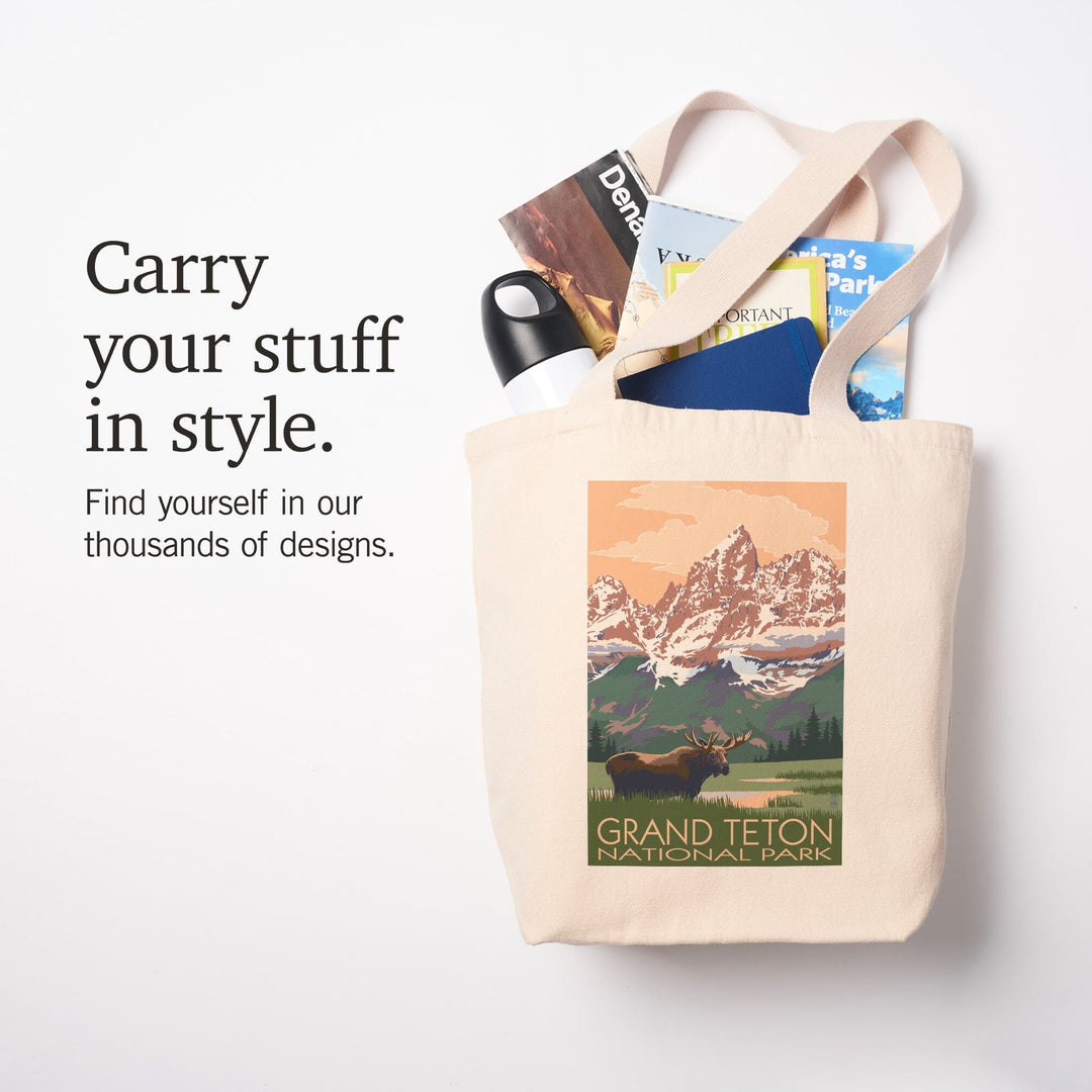Grand Teton National Park, Wyoming, Moose & Mountains, Lantern Press Artwork, Tote Bag Totes Lantern Press 