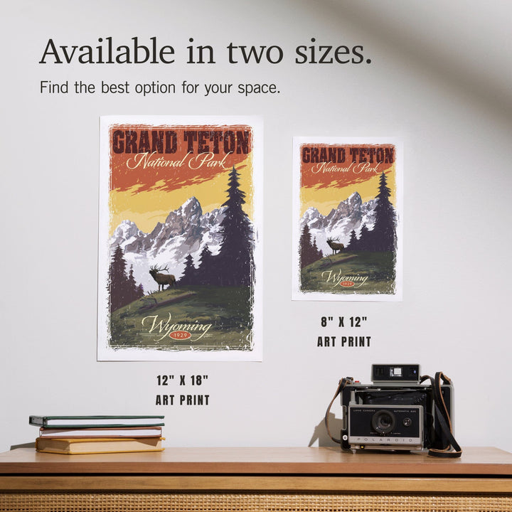 Grand Teton National Park, Wyoming, Mountain View and Elk, Distressed, Art & Giclee Prints Art Lantern Press 