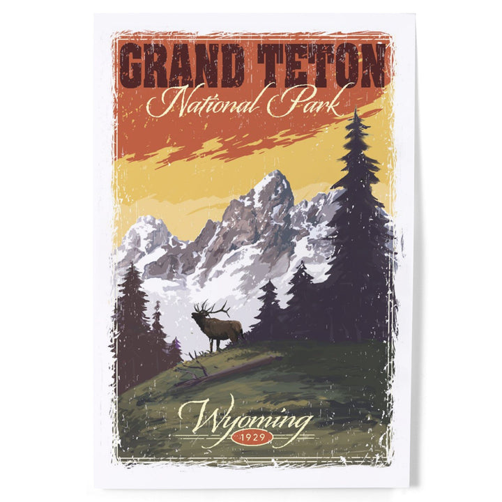 Grand Teton National Park, Wyoming, Mountain View and Elk, Distressed, Art & Giclee Prints Art Lantern Press 