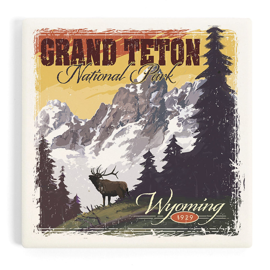 Grand Teton National Park, Wyoming, Mountain View and Elk, Distressed, Coasters Coasters Lantern Press 