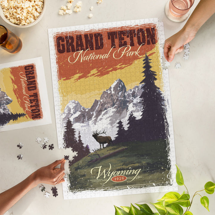Grand Teton National Park, Wyoming, Mountain View and Elk, Distressed, Jigsaw Puzzle Puzzle Lantern Press 