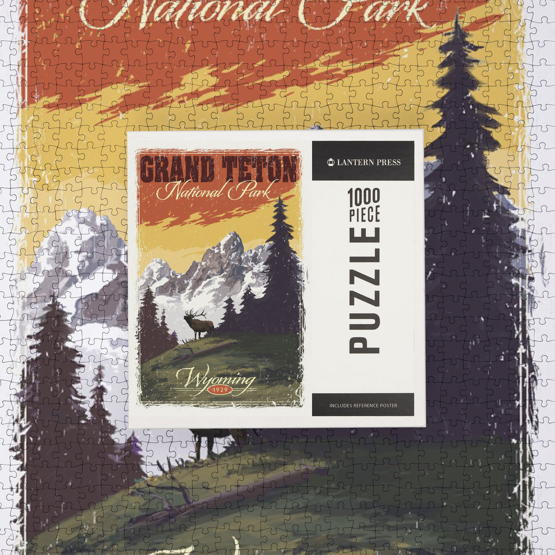 Grand Teton National Park, Wyoming, Mountain View and Elk, Distressed, Jigsaw Puzzle Puzzle Lantern Press 