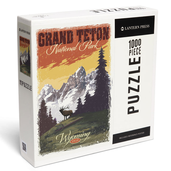 Grand Teton National Park, Wyoming, Mountain View and Elk, Distressed, Jigsaw Puzzle Puzzle Lantern Press 