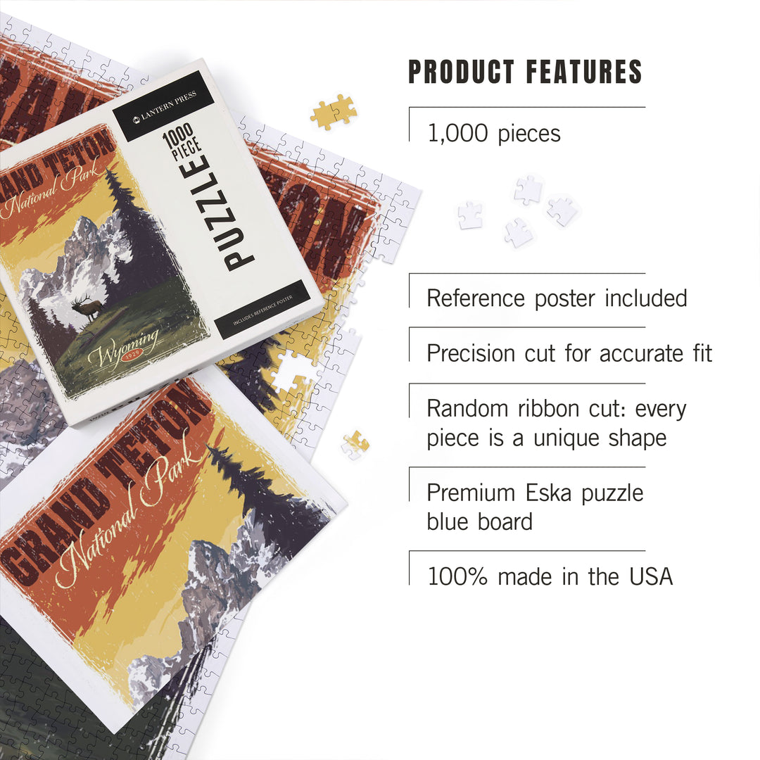 Grand Teton National Park, Wyoming, Mountain View and Elk, Distressed, Jigsaw Puzzle Puzzle Lantern Press 