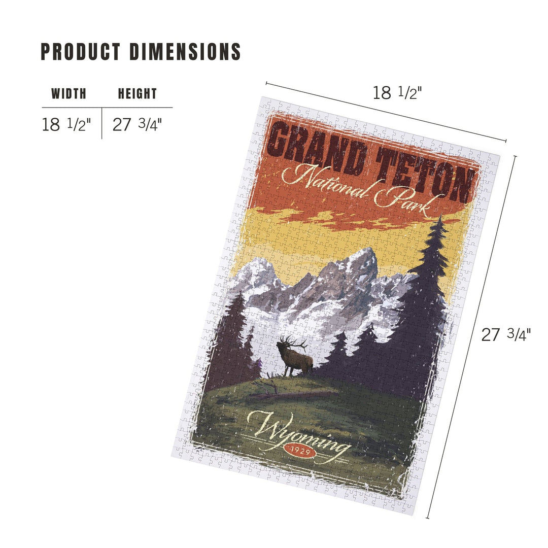 Grand Teton National Park, Wyoming, Mountain View and Elk, Distressed, Jigsaw Puzzle Puzzle Lantern Press 
