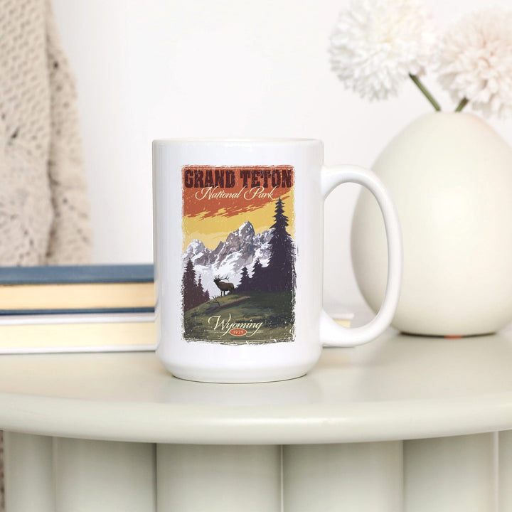 Grand Teton National Park, Wyoming, Mountain View & Elk, Distressed, Lantern Press Artwork, Ceramic Mug Mugs Lantern Press 
