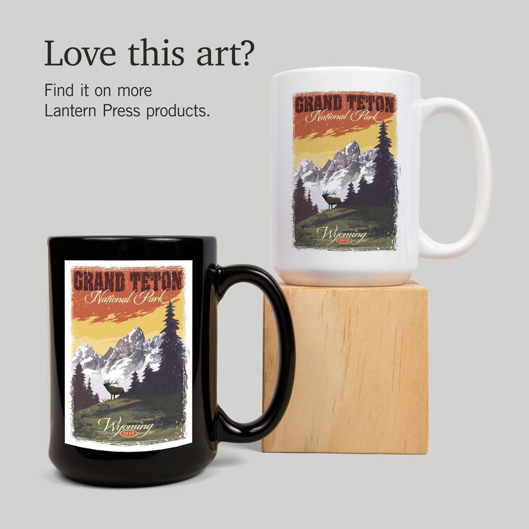 Grand Teton National Park, Wyoming, Mountain View & Elk, Distressed, Lantern Press Artwork, Ceramic Mug Mugs Lantern Press 
