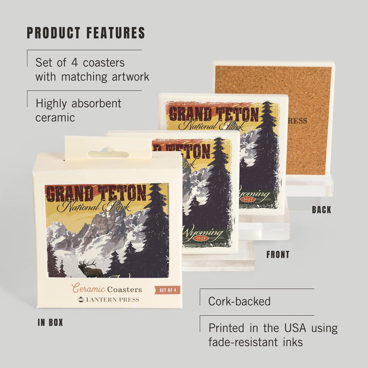 Grand Teton National Park, Wyoming, Mountain View & Elk, Distressed, Lantern Press Artwork, Coaster Set - Lantern Press